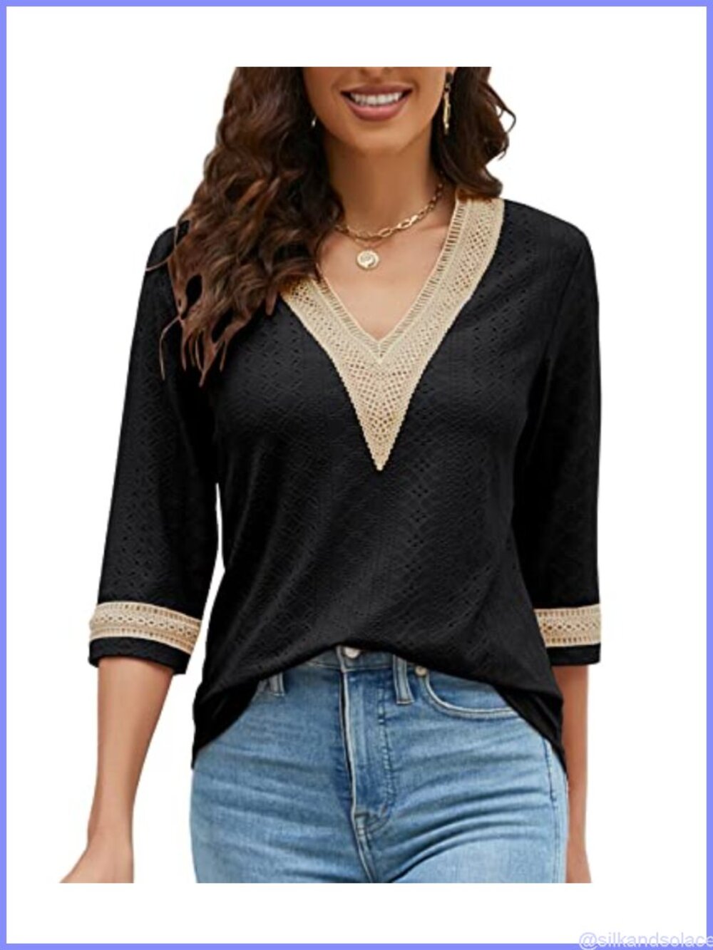 Women's 3/4 Sleeve Lace V Neck Tunic Top Hollow Floral Blouse